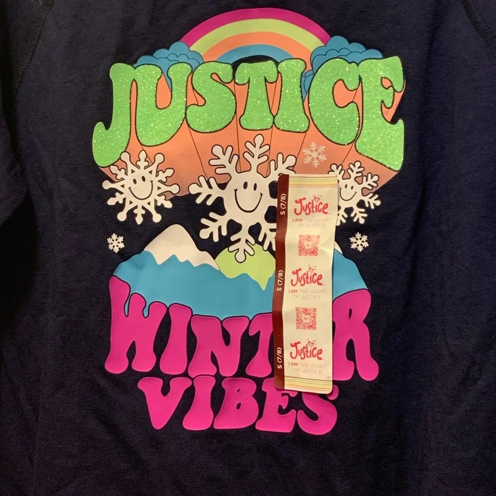 Justice Girl’s Size Small(7/8) Navy Blue and Pink Snowflake Long Sleeve Tshirt